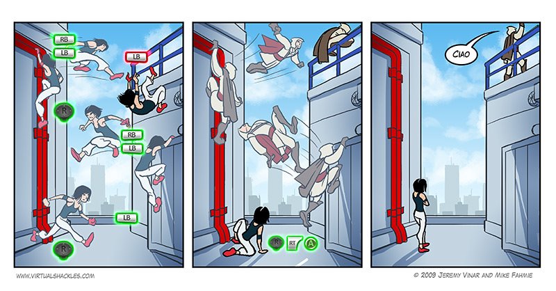 Virtual Shackles comic comparing Assassin's Creed controls and Mirror's Edge controls