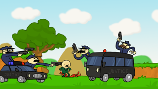 The character is arrested.