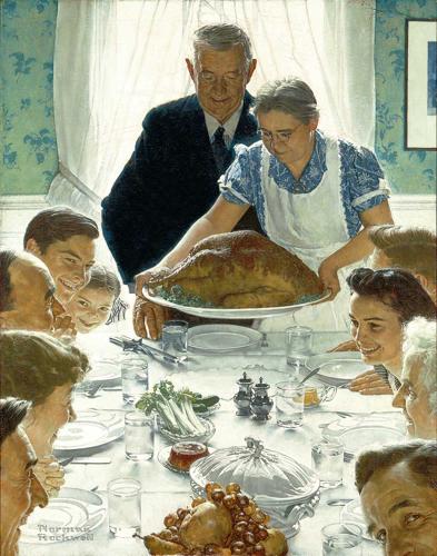 A painting of a 1940s American family around a dinner table apparently about to enjoy a Thanksgiving feast.