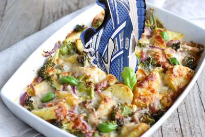 Casserole with a shoe sticking out of it