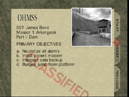 Mission briefing screen from GoldenEye 007, with typewritten text and a photograph clipped to a manila folder.