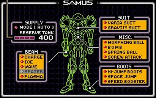 Equipment screen from Super Metroid, listing equipment on a diagram of Samus.