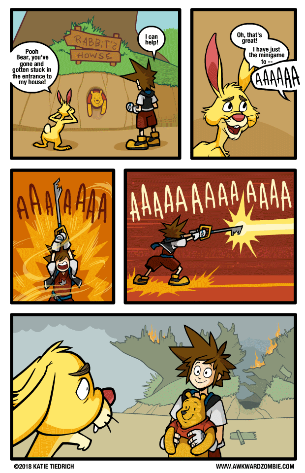 Awkward Zombie comic about Sora getting Winnie the Pooh out of Rabbit's house by destroying the house instead of playing Rabbit's minigame.