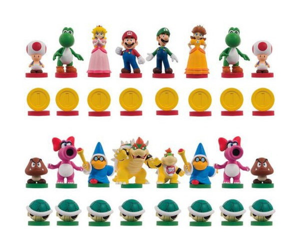 Image of Super Mario chess set pieces described below.